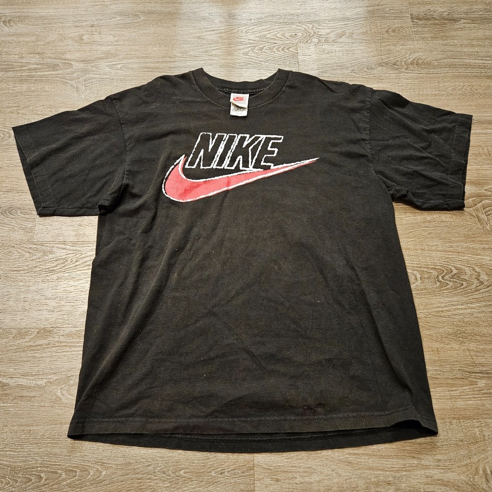 Vintage 90s Nike T Shirt Mens L Black Big Swoosh Spellout Logo Made in USA 1990s